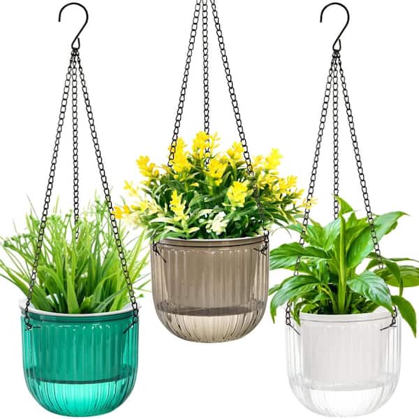6.5 in. Hanging Planters Self Watering with Drainage Holes Clear Assorted Colors 3 Pack