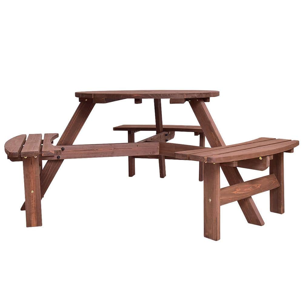 6-Person Dark Brown Fir Wood Picnic Table Set with Benches