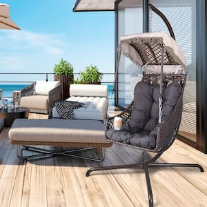 Wicker Frame Outdoor Swing Egg Chair Lounge Chair with Stand, 350lb Capacity Hammock Chair with Sunshade, Black Cushions