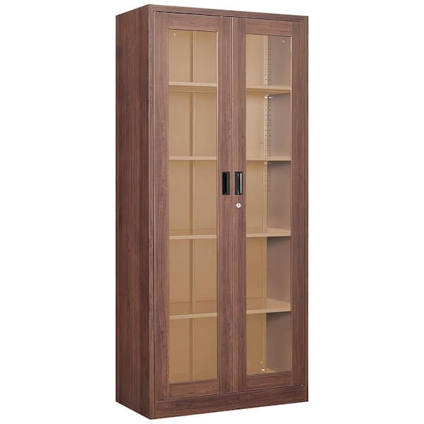 LISSIMO 31.5" W x 70.87" H x 15.75" D Steel Storage Freestanding Cabinet with Glass Door and 4 Adjustable Shelves in Brown