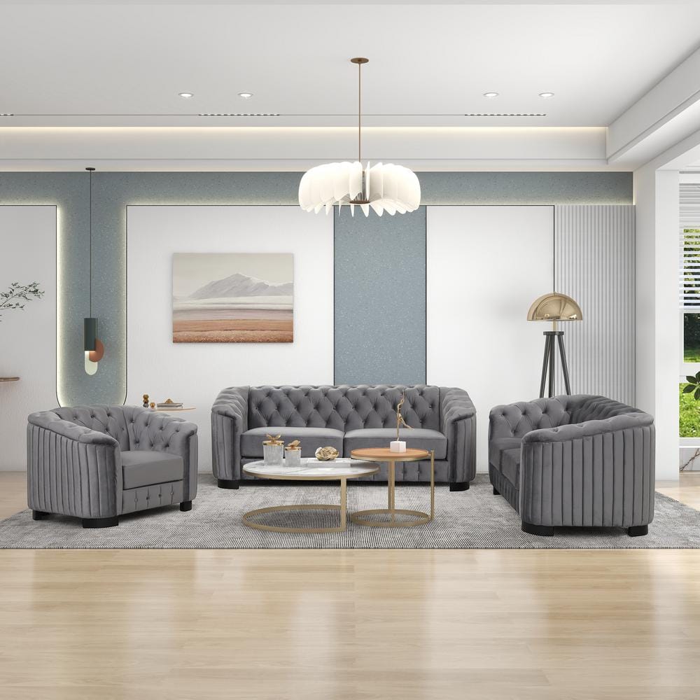Nestfair 3-Piece Gray Velvet Upholstered Living Room Set S10070E - The ...
