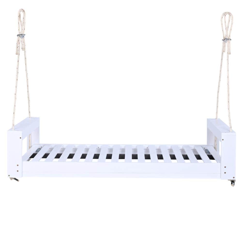 White 2-Person Acacia Wood Porch Swing Bed with Armrests and 98 in. Hemp Ropes