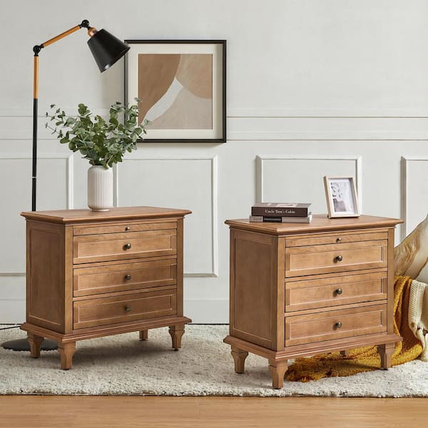 Julia Acorn 27 in. H Traditional 3-Drawer Solid Wood Legs Nightstand with Charging Station Set of 2