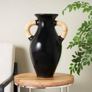 21 in. Black Jug Inspired Ceramic Decorative Vase with Rattan Wrapped Handles