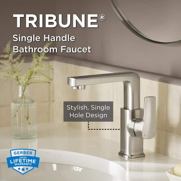 Tribune Single Handle Single Hole Bathroom Faucet with Deckplate and Metal Touch Down Drain Included in Brushed Nickel