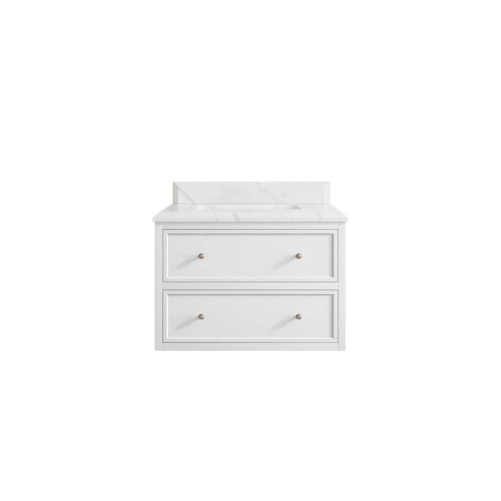 Roswell Floating 30 in. W x 22 in. D x 36 in. H Single Sink Bath Vanity in White with 1.5 in. Calacatta Laza Qt. Top
