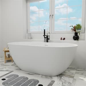 59 in. x 30 in. Solid Surface Soaking Freestanding Bathtub with Center Drain in White