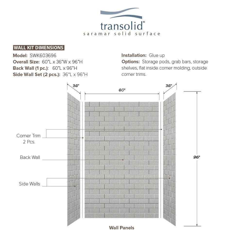 Gray Beach Subway Tile 36" x 60" x 96" Shower Wall Kit
