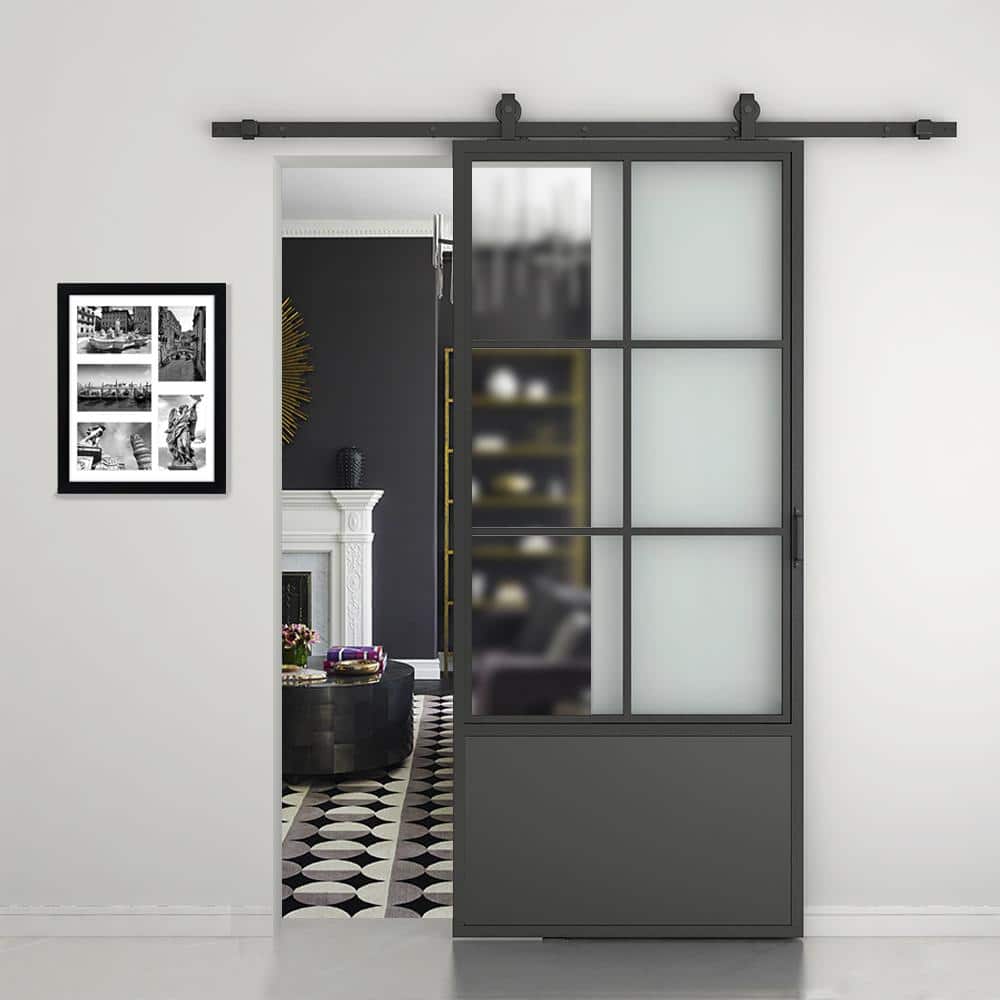 30 in. x 84 in. Frosted Glass Black Steel Frame Barn Door with Sliding Hardware