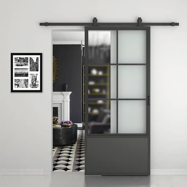 37 in. x 84 in. 3/4 Lites Frosted Glass Black Steel Frame Interior Barn Door with Sliding Hardware Kit and Door Handle