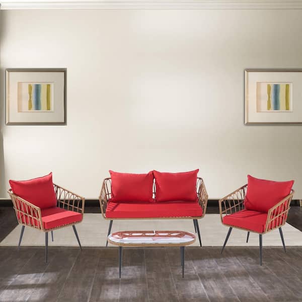 AUTMOON 4-Piece Wicker Outdoor Garden Patio Conversation Set with Red Cushions