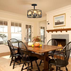 13 in. 3-Light Black Cage Drum Semi-Flush Mount Ceiling Light Fixtures Industrial Farmhouse Style for Kitchen Island