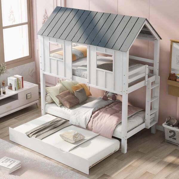 Polibi White House Bunk Bed with Trundle, Roof and Windows