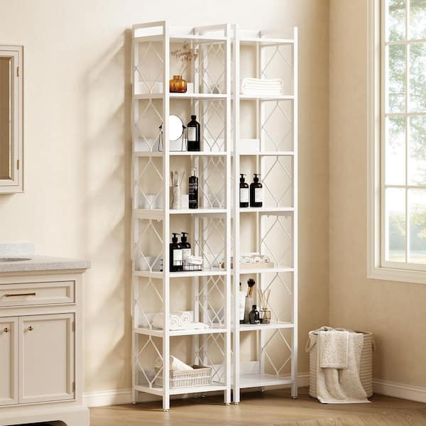 79 in. Tall Narrow Modern White Wood 7-Shelf Etagere Bookcase Bookshelf with Sturdy Metal Frame for Living Room, Bedroom
