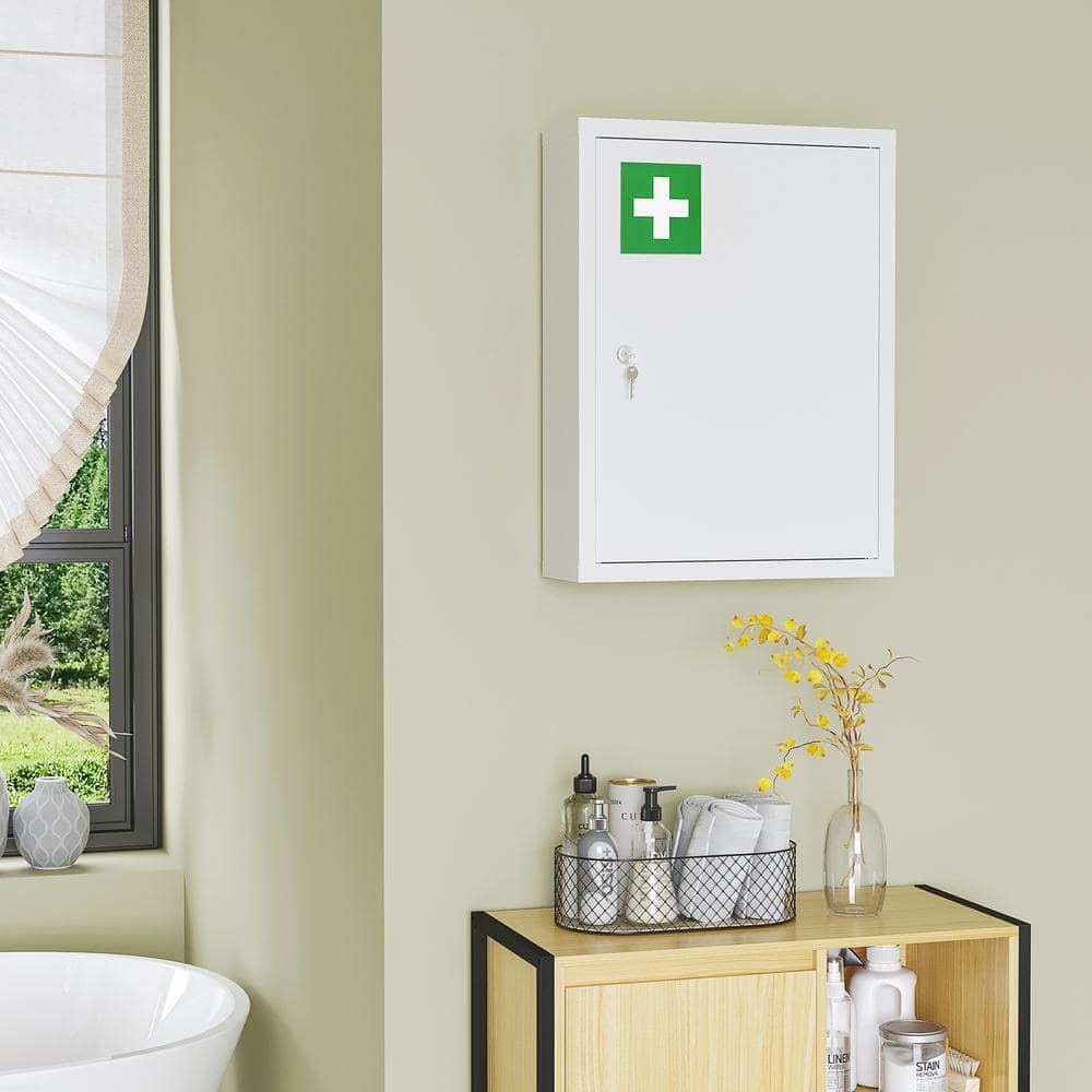 White Steel Wall-Mounted Lockable Medicine Cabinet with 3 Tiers