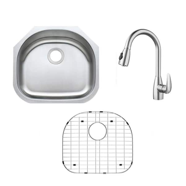 23 in. Undermount Single Bowl 18-Gauge Stainless Steel D-Shape Kitchen Sink with Pull Out Sprayer Kitchen Faucet
