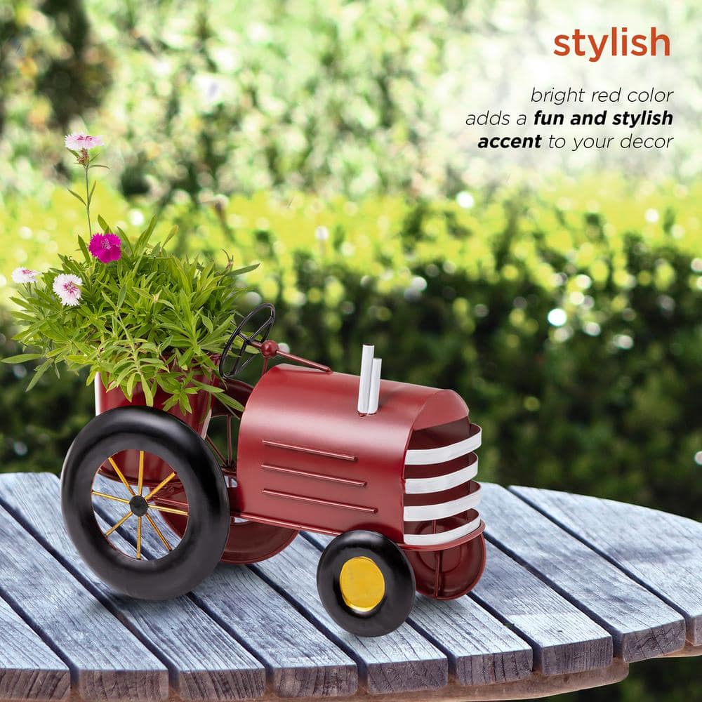 Red Metal Tractor Planter with Stand for Indoor/Outdoor Use