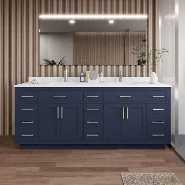 Wyndham Collection Beckett TK 84 in. W x 22 in. D x 35 in. H Double Bath Vanity in Dark Blue with White Cultured Marble Top