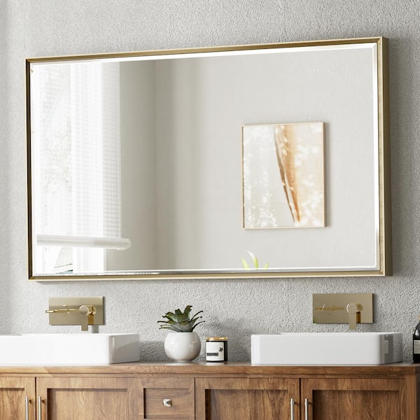 QueenFun 60 in. W x 36 in. H Rectangular Framed Aluminum Beveled Edge Wall Mount Bathroom Vanity Mirror in Champagne Gold
