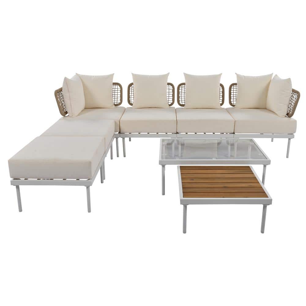 8-Piece Outdoor Metal Patio Conversation Set with Beige Cushions, Patio Sec