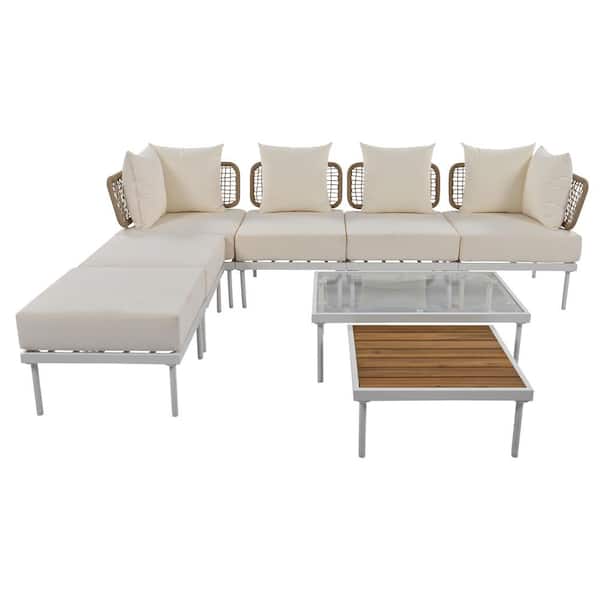 Unbranded 8-Piece Outdoor Metal Patio Conversation Set with Beige Cushions, Patio Sectional Sofa Set with 2 Coffee Tables