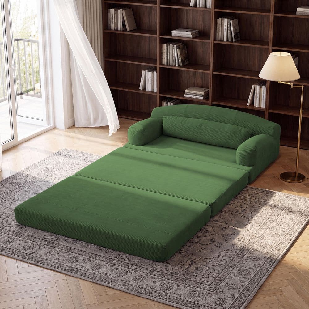 Modern 57.1 in. Green Corduroy Upholstered Compressed Foldable Full Size Loveseat Sleeper Sofa Bed