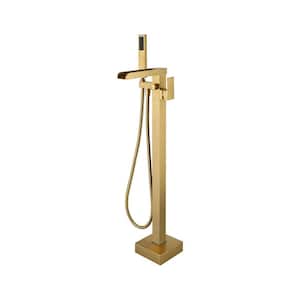 1-Handle Free Standing Floor Mount Tub Faucet Bathtub Filler with Hand Shower in Brushed Gold