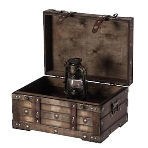 Small Wooden Brown Storage Trunk with Faux Leather Straps and Handles