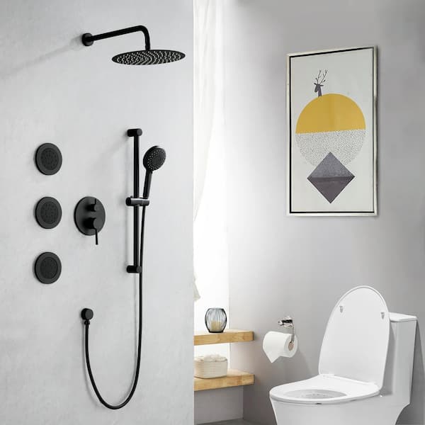 12 in. 2-Handle 3-Spray Wall Mount Pressure Balance Round Rainfall Shower System with Rough-In Valve in Matte Black