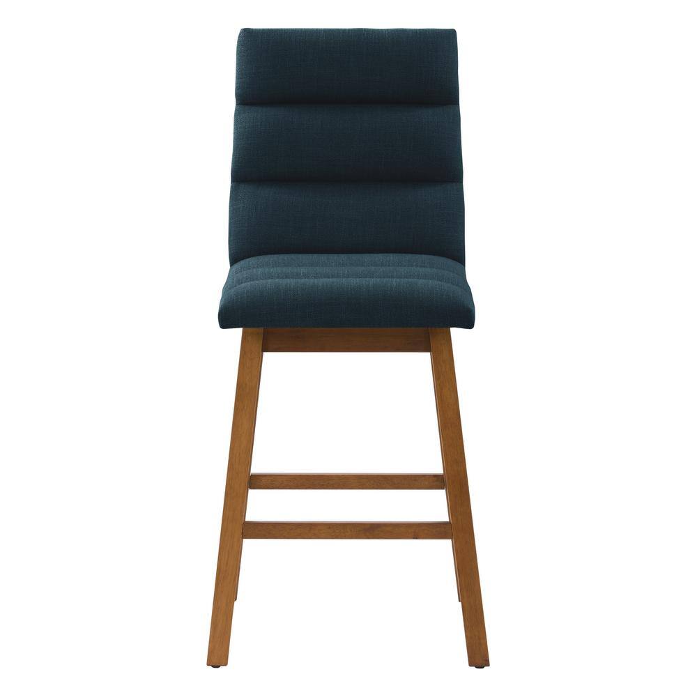 Navy Blue Channel Tufted Fabric Barstools with Wood Legs, Set of 2