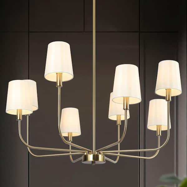 Modern Farmhouse 31 in. 8-Light Antique Plated Brass Linear Chandelier, Sputnik Chandelier with White Cone Fabric Shades
