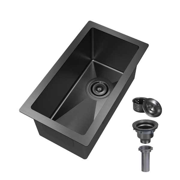 10 in. Undermount Single Bowl 18-Gauge Gunmetal Black Stainless Steel Bar Sink with Basket Strainer