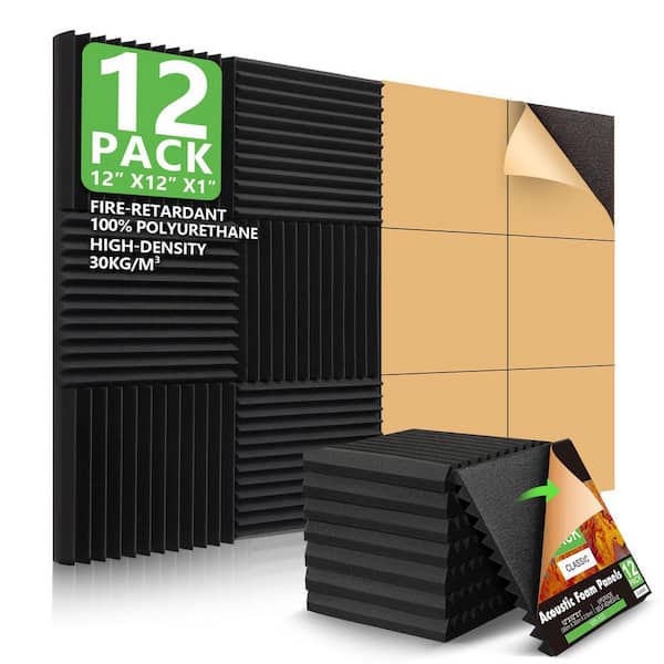 12 in. x 12 in. x 1 in. Black Sound Proof Foam Panels Self-Adhesive Fire-Proofed Soundproofing Wedges for Home, 12-Piece