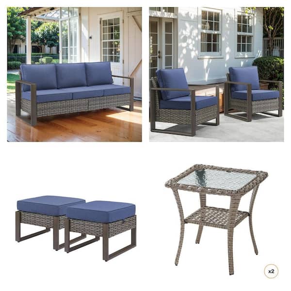 Gray Wicker 3-Seat Sofa, Lounge Chair, 2-Pack Ottoman with Blue Cushions and Glass Side Table Combo