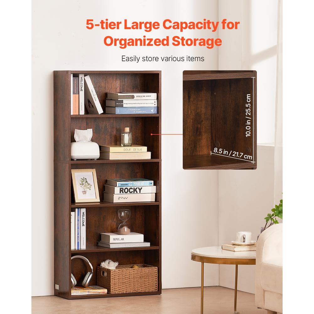 Brown Painted 5-Tier Adjustable Wood Library Bookcase