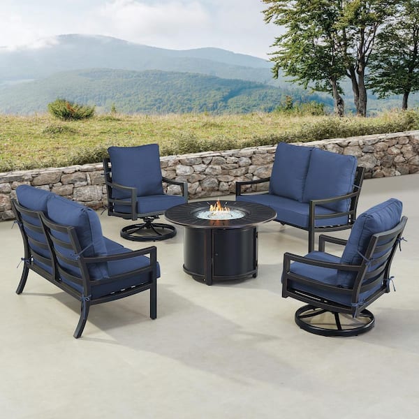Oakland Living Black 7-Piece Aluminum Patio Fire Pit with 2-Deep Seating Loveseat and 2-Club Chairs Blue Cushions