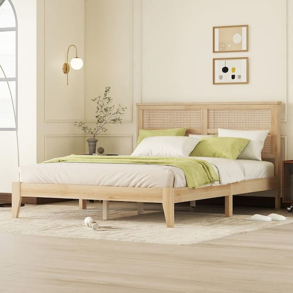 Lawrence Brown Wood Frame Queen Size Platform Bed with Rattan Headboard, Enhanced by Support Feet