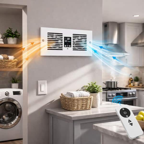 16.5in. 300 CFM Through Wall Vent Fan Remote Temp Control 5-Speed Room to Room Circulating Fan Kitchen Laundry Hardwired
