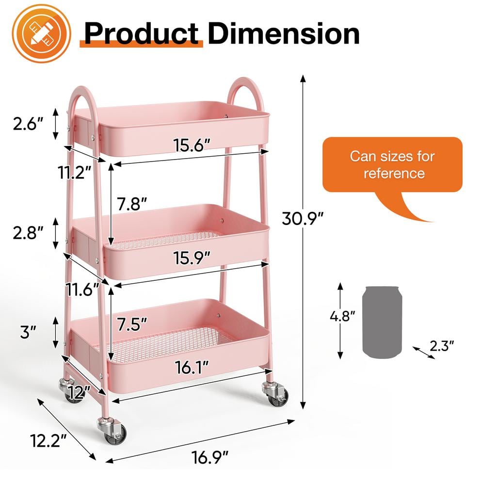 Pink 3-Tier Metal Rolling Kitchen Storage Cart with Wheels