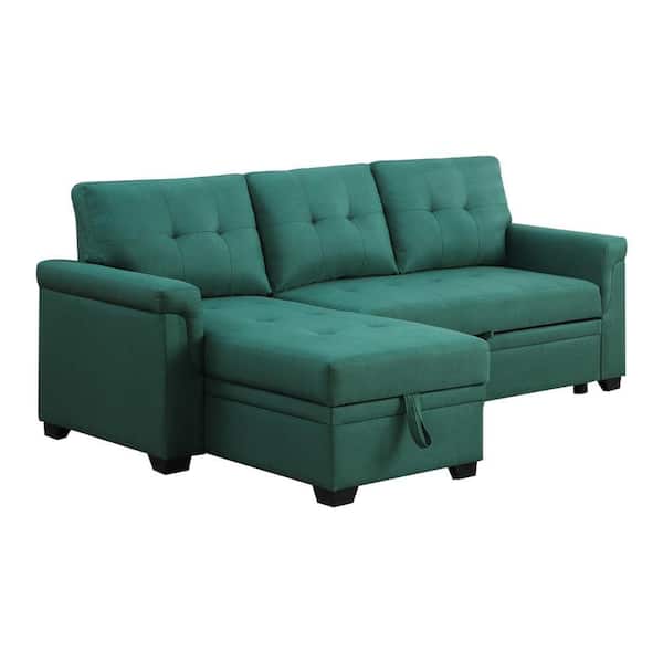 Benjara Elliot 84 in. Flared Arms 2-Piece Linen Fabric L shape Sectional Sofa in Green with Storage Chaise