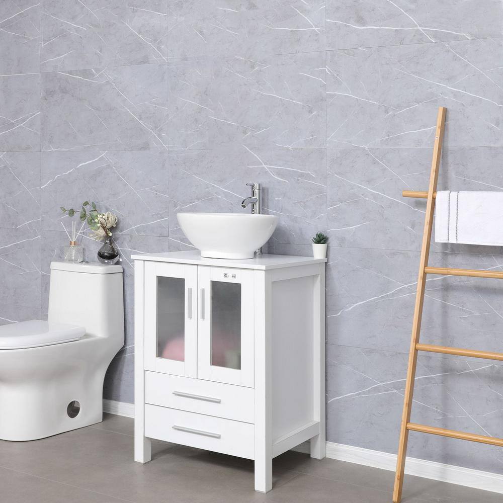 24'' White MDF Freestanding Bathroom Vanity with Ceramic Vessel Sink