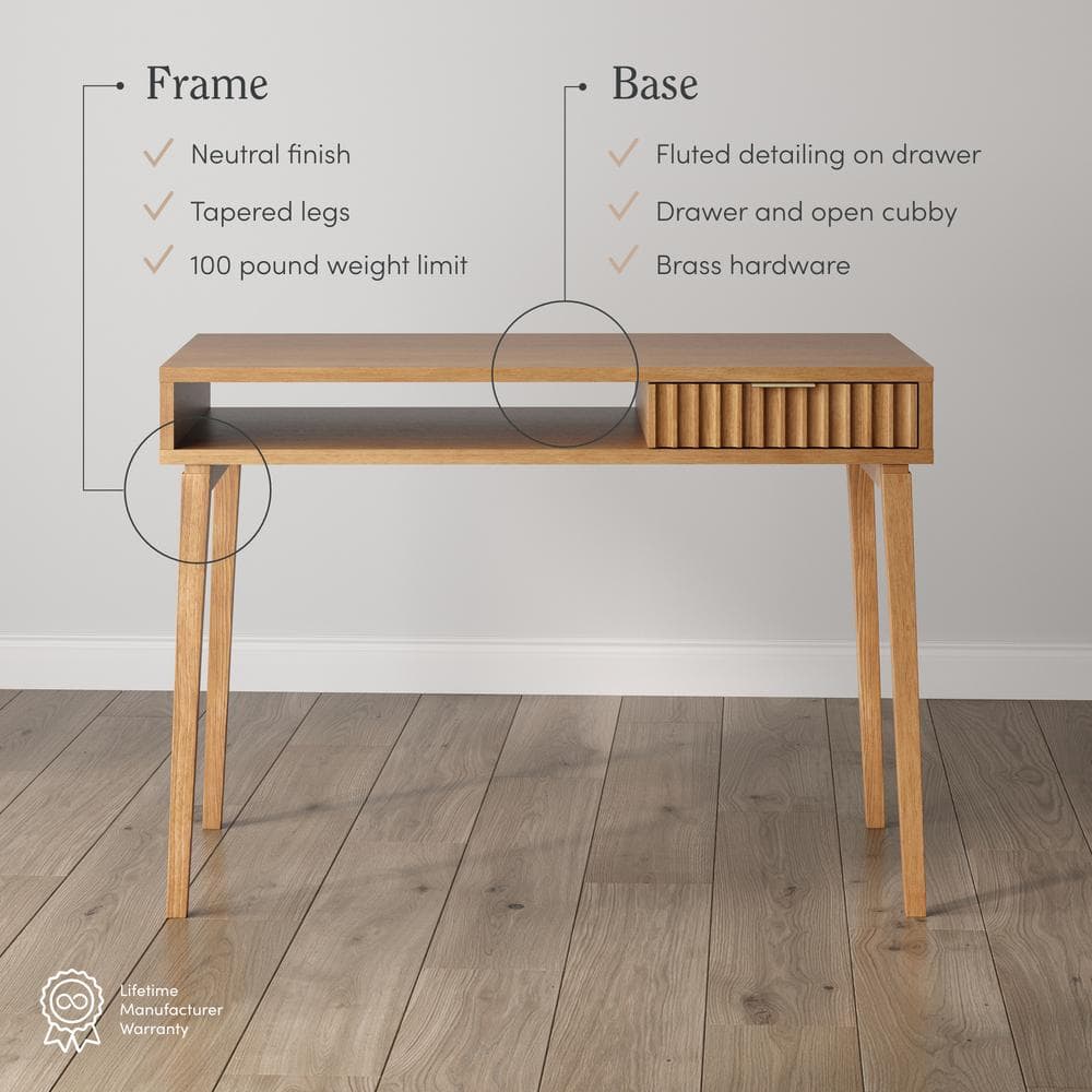Natural Brown Wood Writing Desk with Drawer and Open Cubby