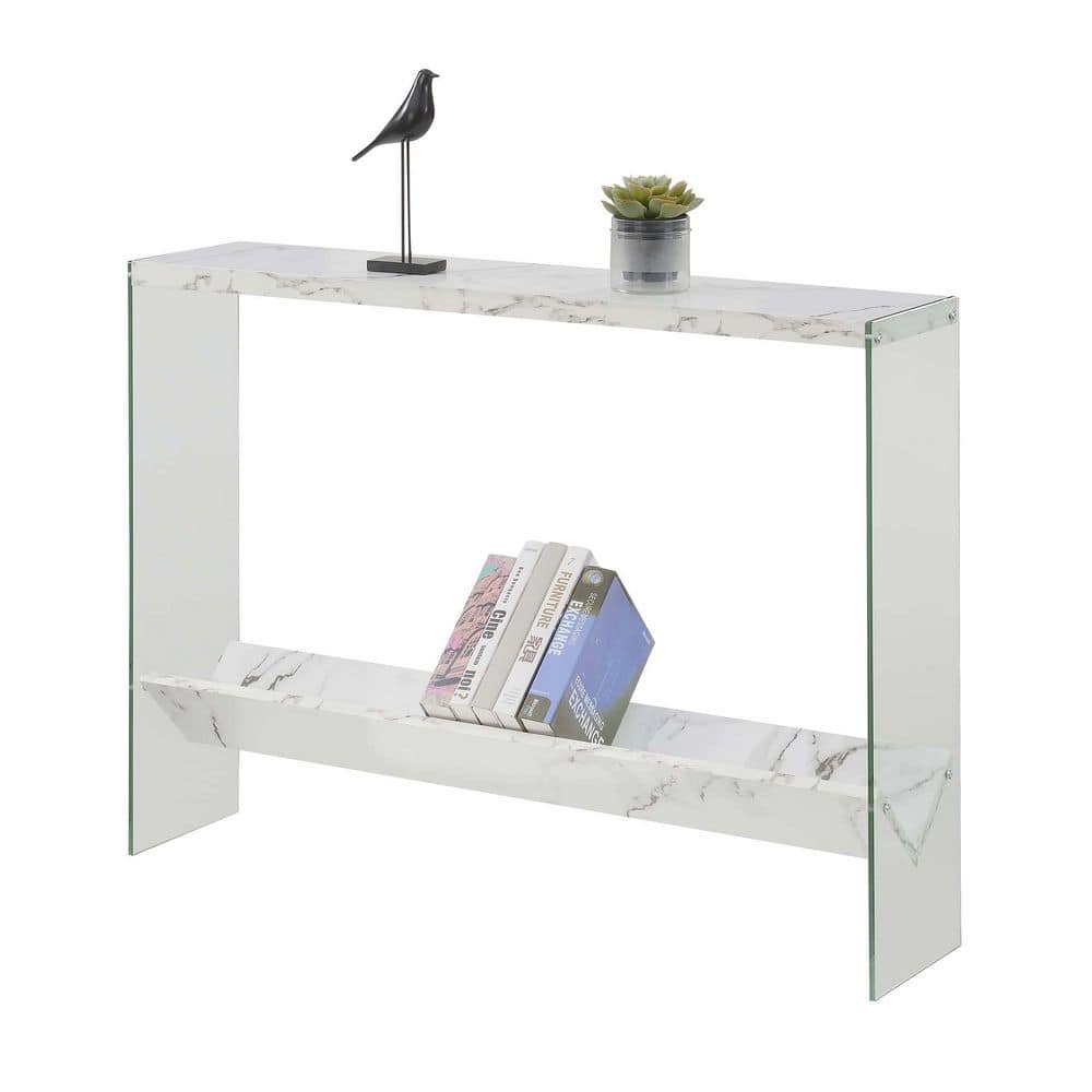 White Faux Marble and Glass Console Table with Storage Shelf