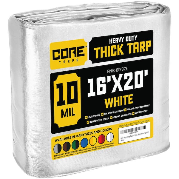 CORE TARPS 16 ft. x 20 ft. White 10 Mil Heavy Duty Polyethylene Tarp, Waterproof, UV Resistant, Rip and Tear Proof