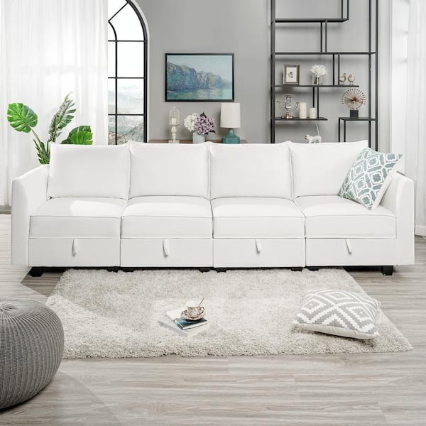 MAYKOOSH Contemporary 4 Piece Upholstered Sectional Sofa Bed - White Down Linen - Sofa Couch for Living Room/Office