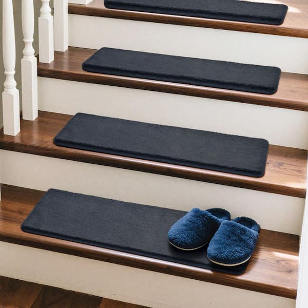 Plush Dark Gray 8 in. x 30 in. x 1 in. Carpet Stair Treads Cover Protector Self Adhensive Reusable Mat Rug Set of 12