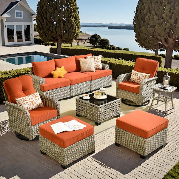 HOOOWOOO Kelleys 9-Piece Wicker Modern Outdoor Patio Conversation Sofa Set with Swivel Chairs and Orange Red Cushions
