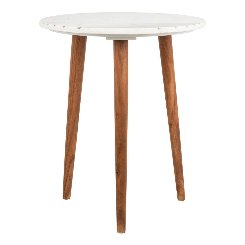 Transitional Round Wood & Stone Accent Table with Brass Inlay