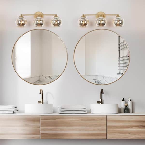 21 in. 3-Light Modern Gold Bathroom Vanity Light, Globe Mercury Glass Bath Lighting, Powder Room Bath Vanity Light