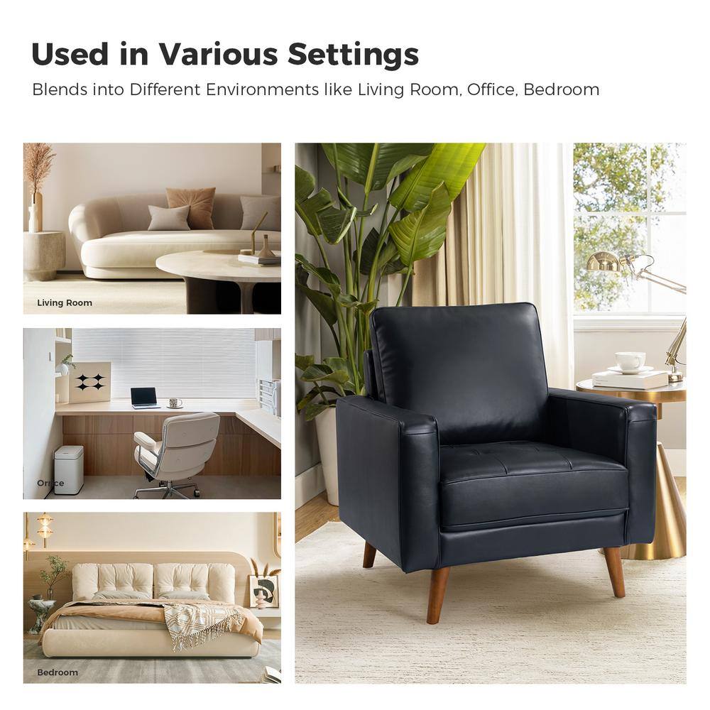 Navy Genuine Leather Mid-Century Modern Accent Chair